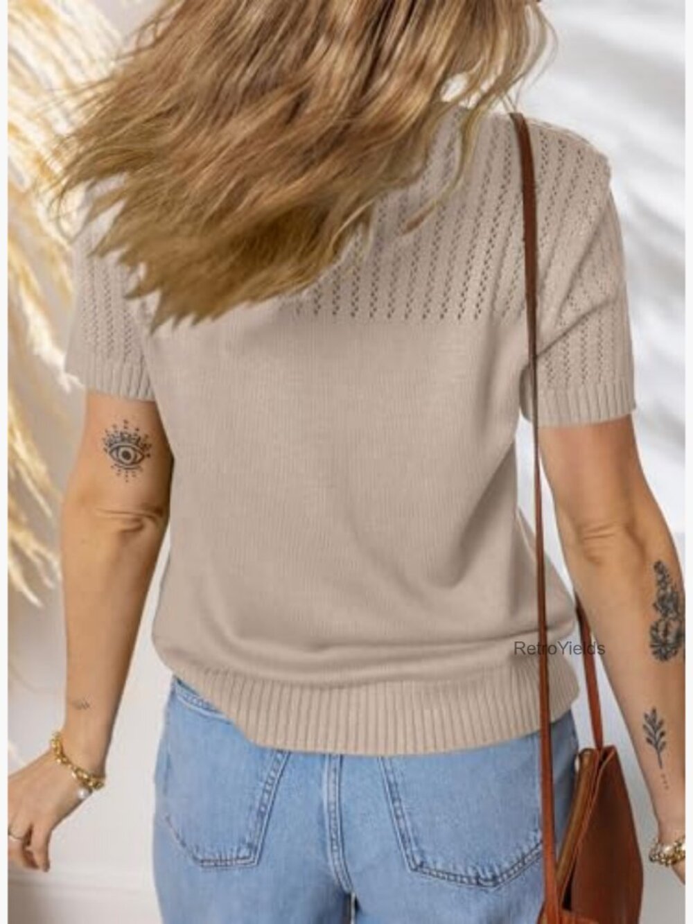 Crewneck Short Sleeve Loose Knit Blouse Tunic - Picture 2 of 7